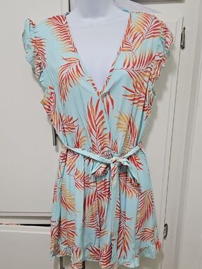 Aqua Tropical Leaf Print Wrap Skorts